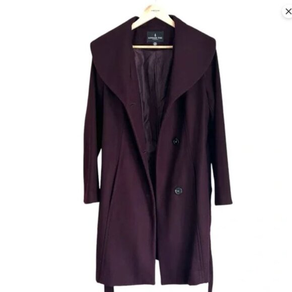 London Fog Belted Wool Blend Dark Aubergine Burgundy Long Pea Trench Coat Sz XL - Picture 1 of 11